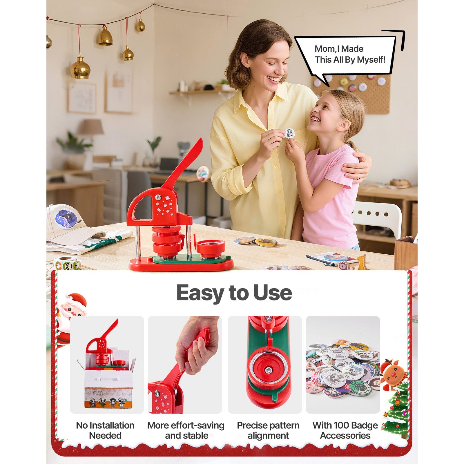 Uimoso Button Maker Machine 58 mm with 100 Plastic Pin Parts - Red