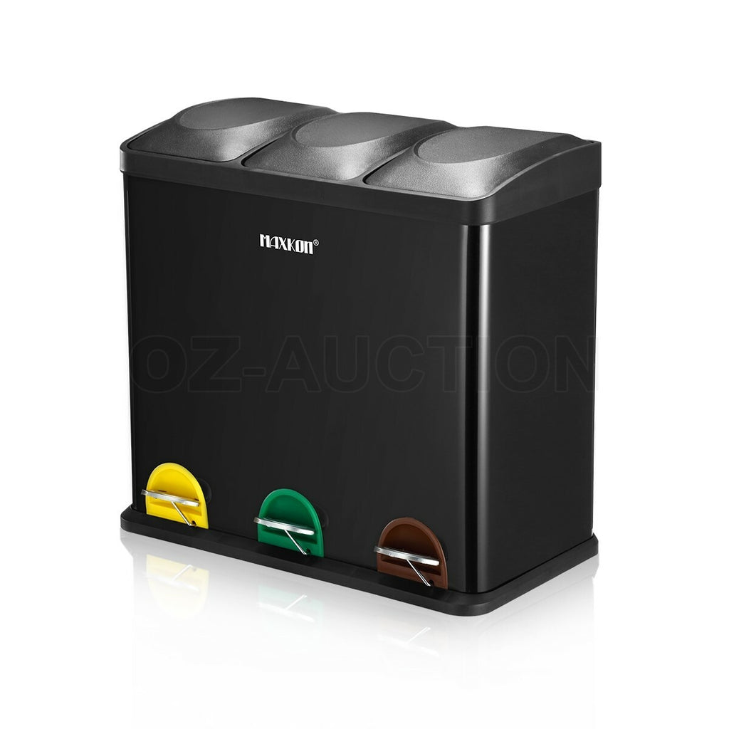 Maxkon 54L Pedal Rubbish Bin Triple Compartment Waste Can Black