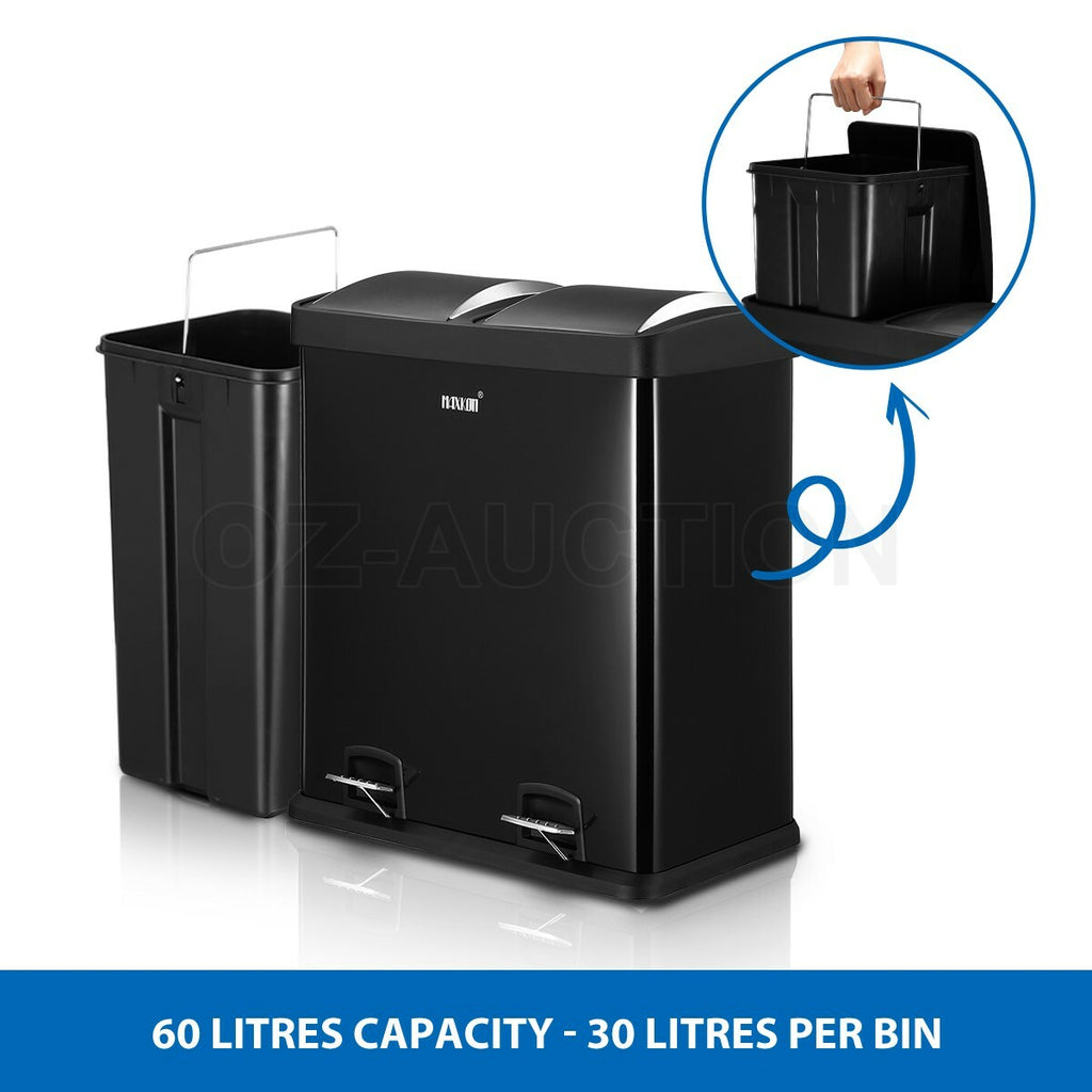 60L Maxkon Pedal Bin – Dual Compartment Rubbish & Recycling Can