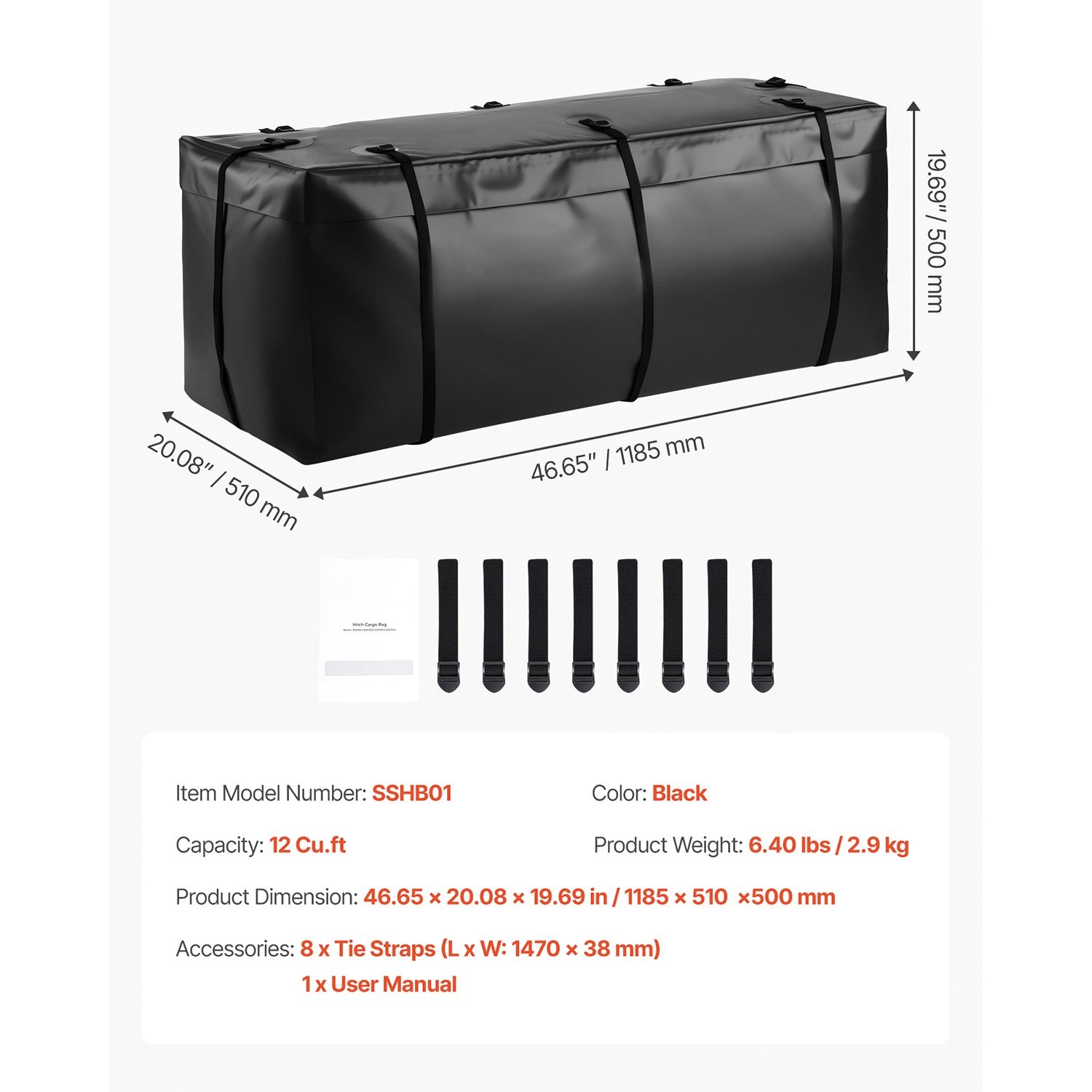 Uimoso Waterproof Hitch Cargo Carrier Bag 118.5 x 51 x 50 cm (12 Cubic Feet)