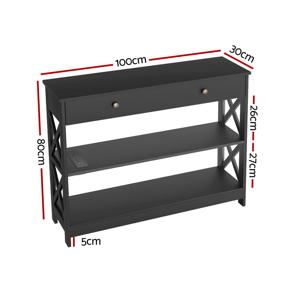3 Tier Console Table Hallway Shelf Drawer USB Ports