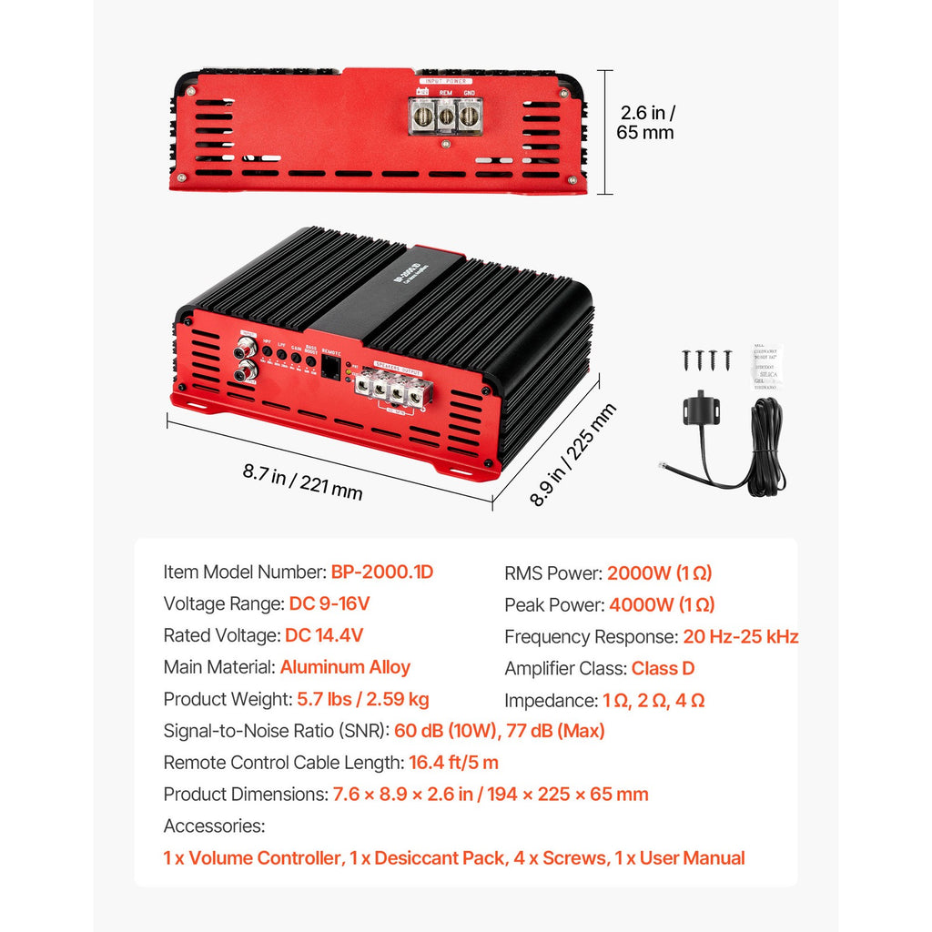 Uimoso Monoblock Class D Car Amplifier 2000W RMS for Subwoofers, 1/2/4 Ohm