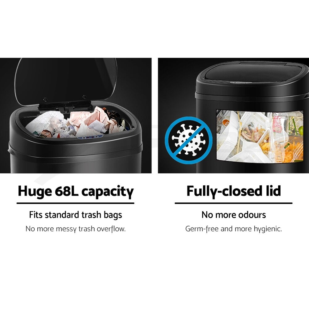 68L Motion Sensor Bin Automatic Trash Can Kitchen Black