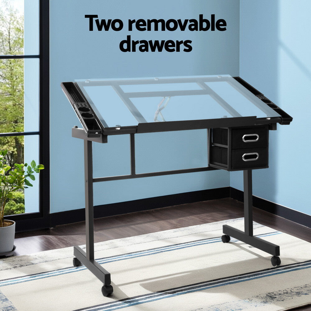 Drawing Desk Drafting Table Adjustable Glass Art Drawers Black
