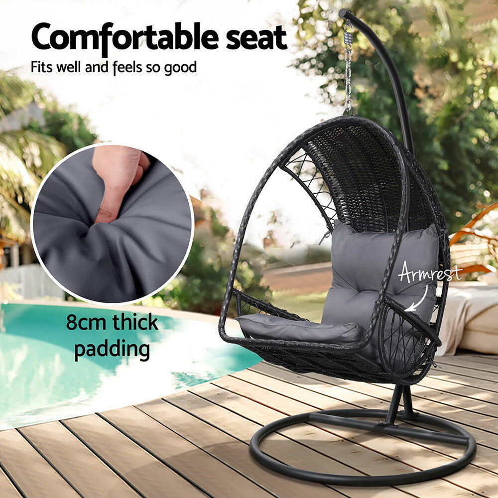 Outdoor Wicker Egg Swing Chair Pod Stand Armrest Black