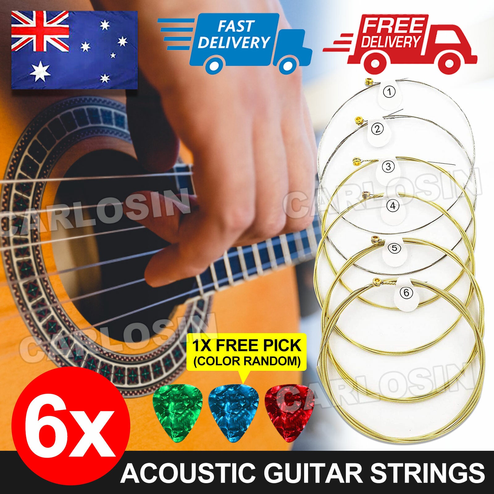 Acoustic Guitar Strings Steel Premium Light 6pcs with Free Pick