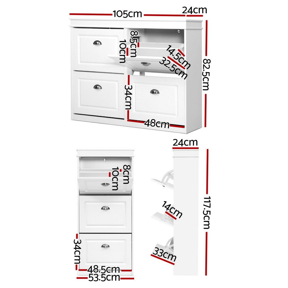Shoe Rack Storage Cabinet 3/4 Flip Out Drawers White