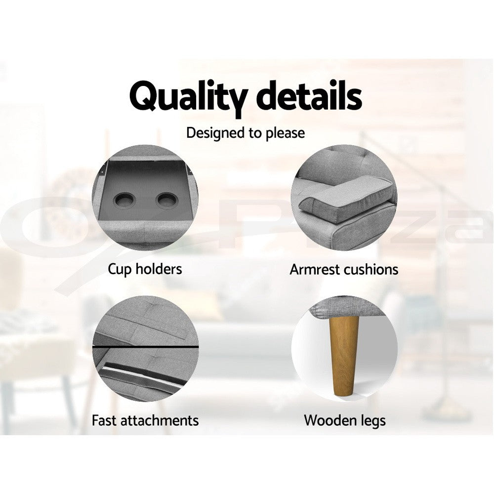 3 Seater Sofa Bed Futon Lounge Fabric Cup Holder Grey