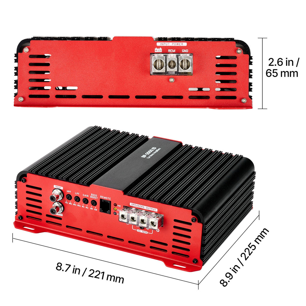 Uimoso Monoblock Class D Car Amplifier 2000W RMS for Subwoofers, 1/2/4 Ohm