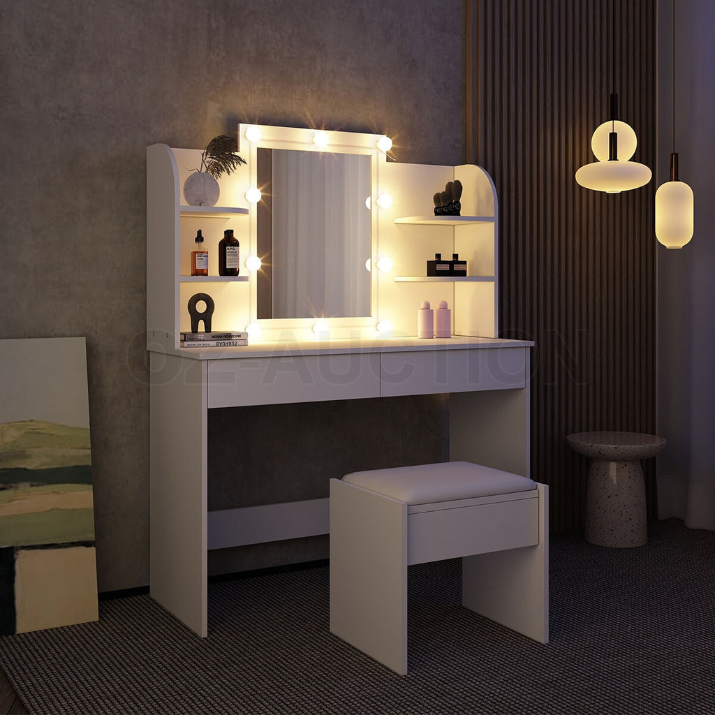 Dressing Table Makeup Mirror with Stool Drawer & Light Bulbs