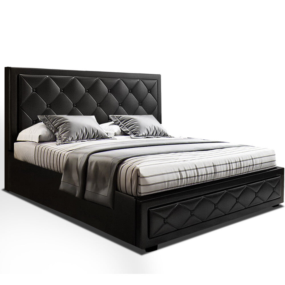 King Size Bed Frame Gas Lift Storage Wooden Black