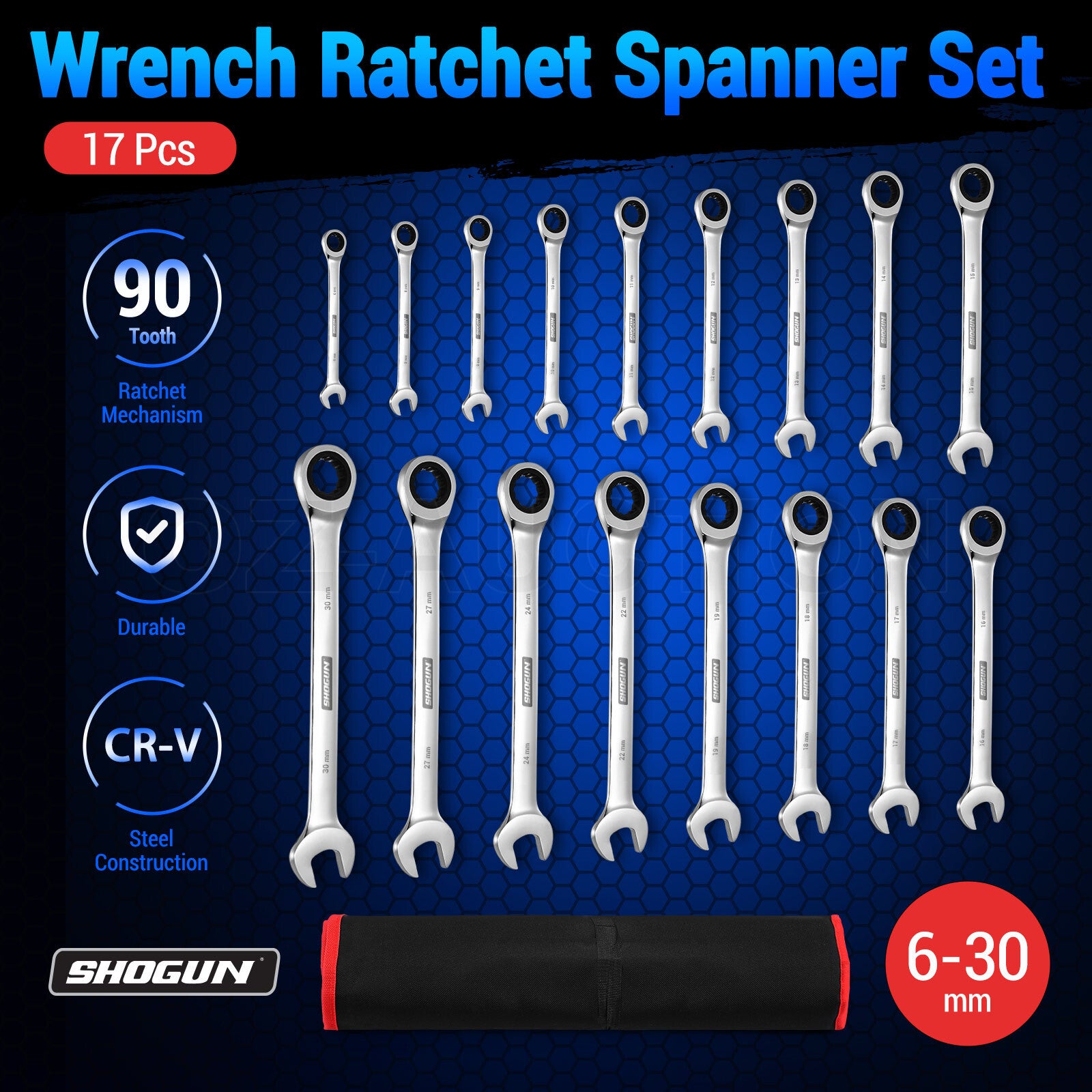 17PCS 6-30MM Ratchet Spanner Set – CRV 90-Tooth Metric Wrench