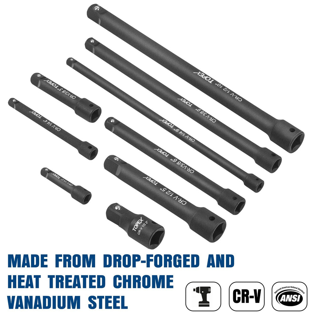 9pc Extension Bar Set – 1/4", 3/8" & 1/2" Socket Drive
