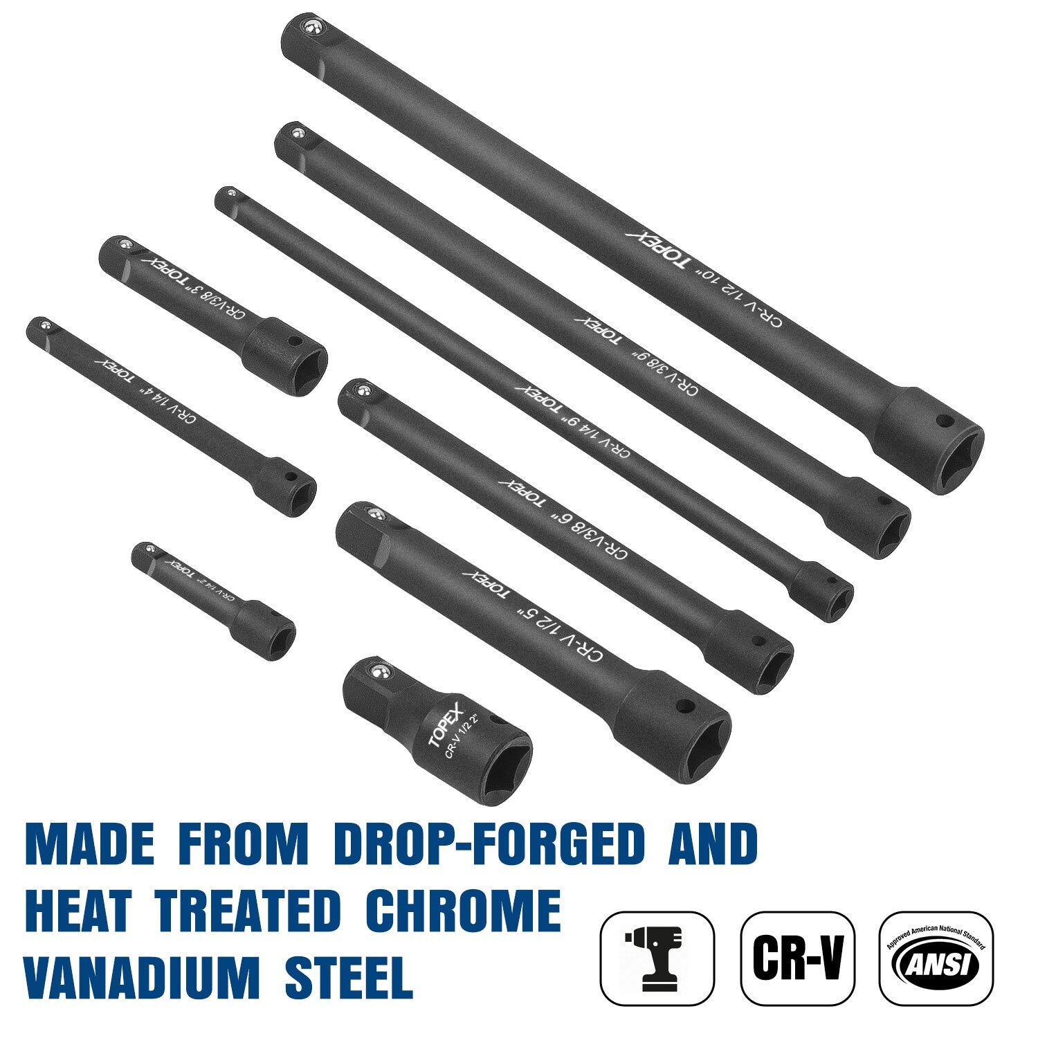 9pc Extension Bar Set – 1/4", 3/8" & 1/2" Socket Drive