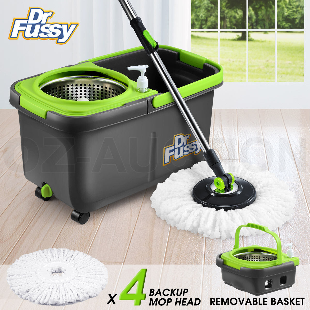 360° Rotating Spin Mop – DR FUSSY Bucket System with 4 Mop Heads