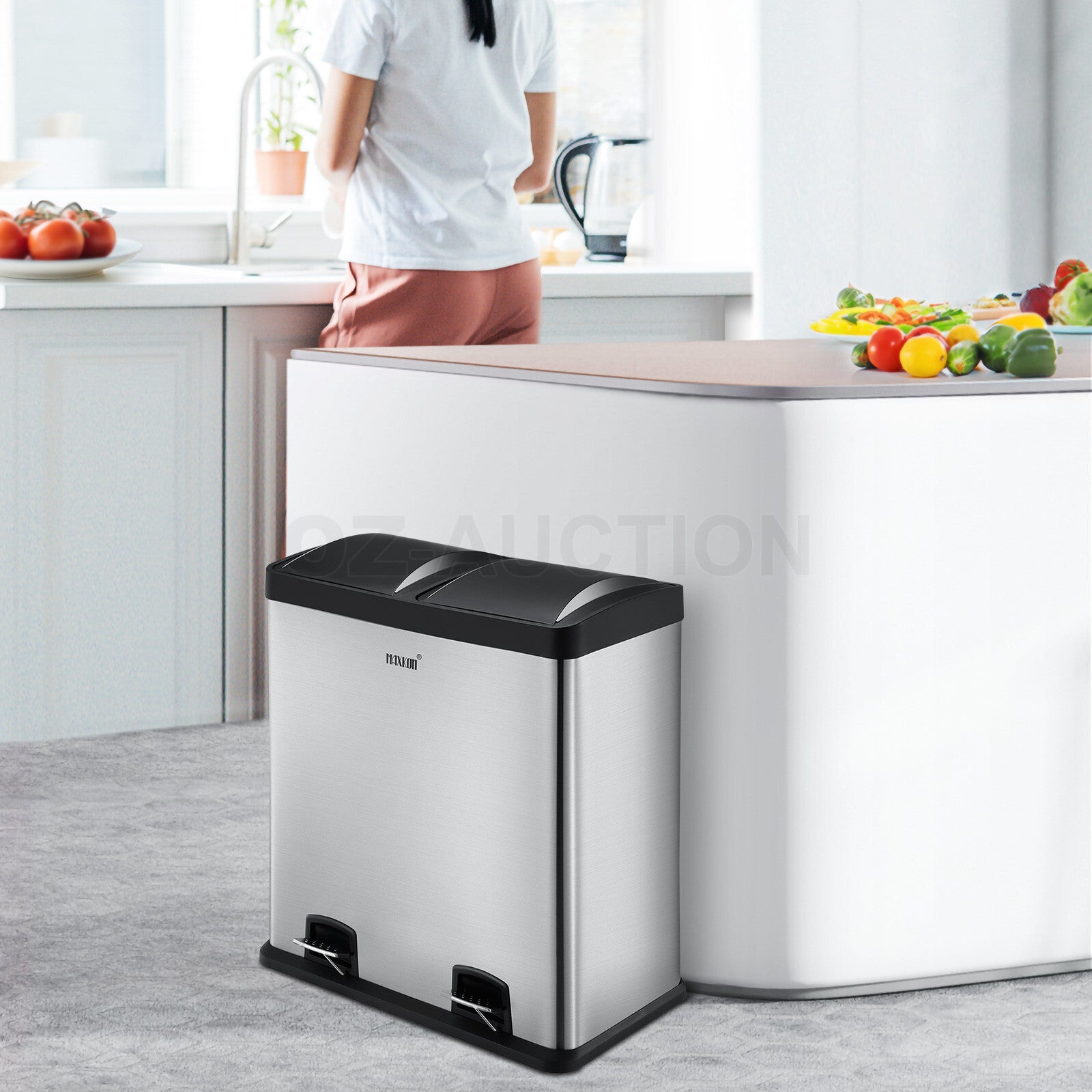 Maxkon 60L Stainless Steel Refuse Bin – Dual Pedal Kitchen Waste
