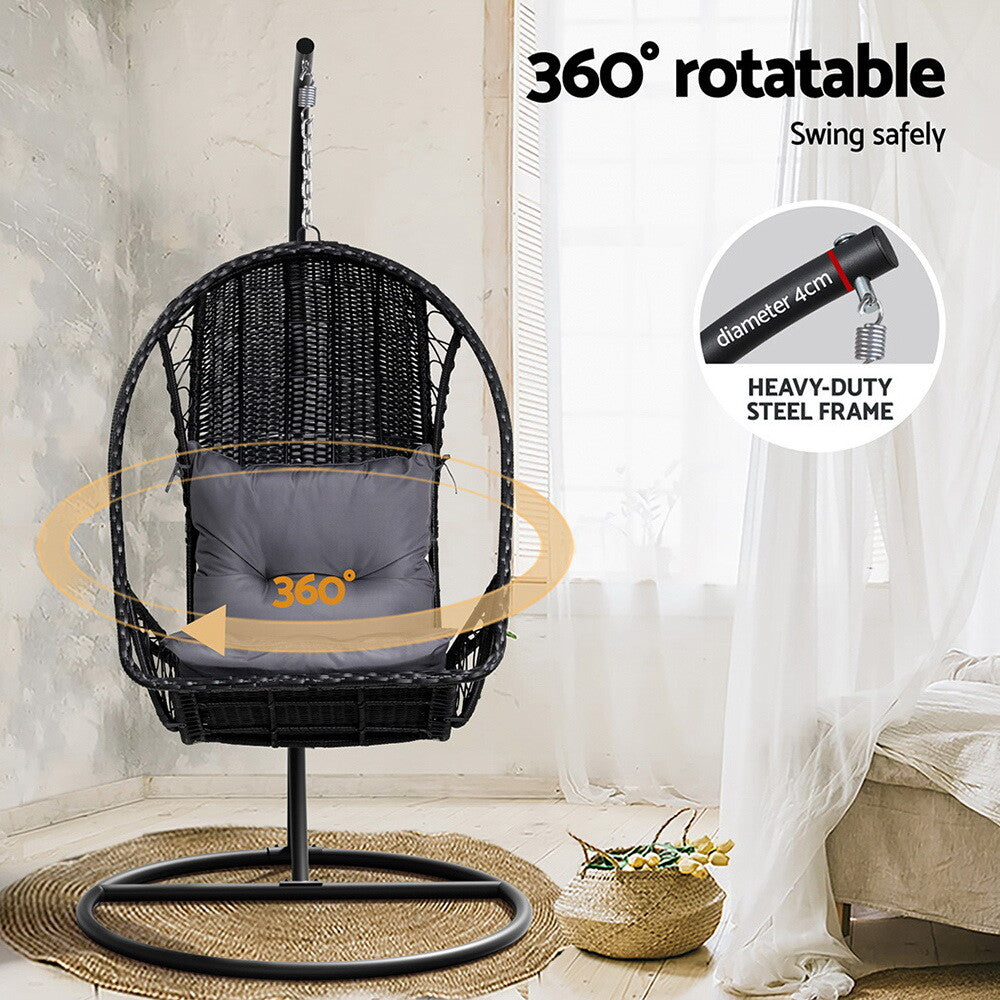 Outdoor Wicker Egg Swing Chair Pod Stand Armrest Black