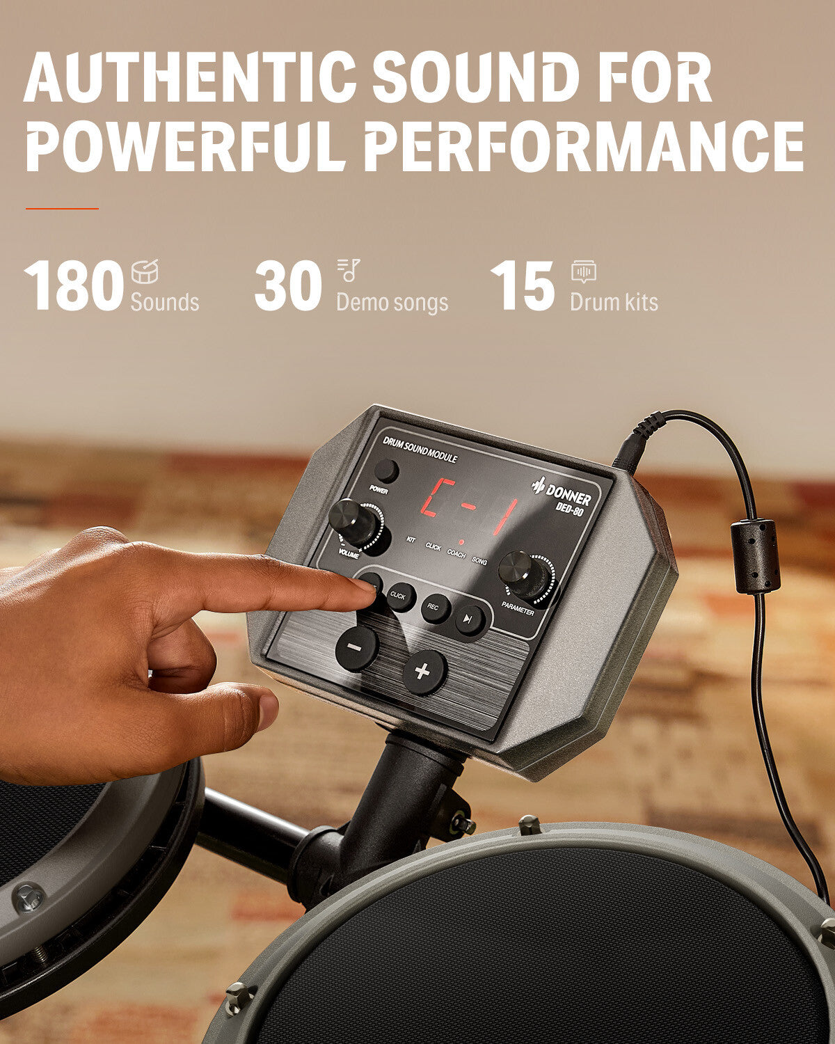 Donner DED-80 Electric Drum Set 4 Mesh Pads 2 Pedals 180 Sounds Grey