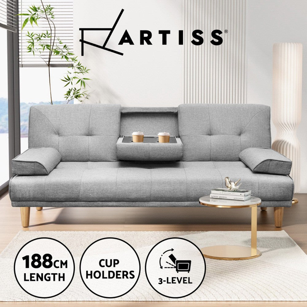 3 Seater Sofa Bed Futon Lounge Fabric Cup Holder Grey