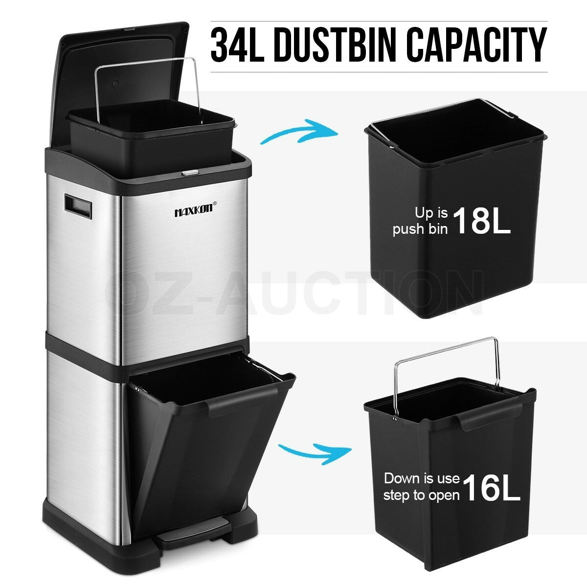 Maxkon 34L Pedal Bin – Dual Compartment Rubbish & Trash Can
