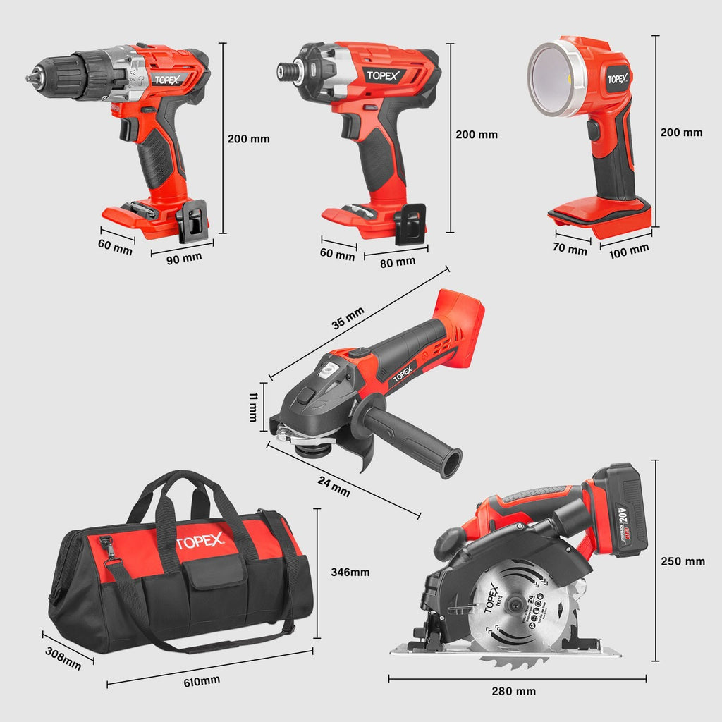 20V Cordless Drill & Impact Driver Kit – Grinder, Saw & LED Torch