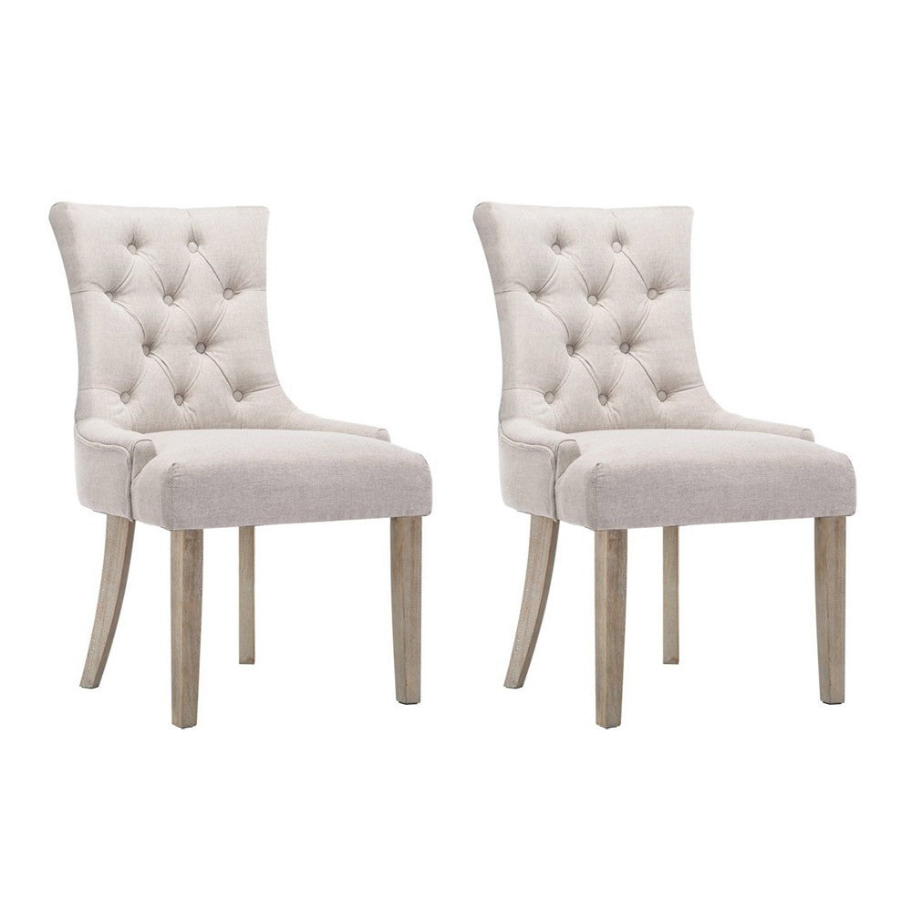 2x Dining Chairs French Provincial Linen Button Tufted Beige