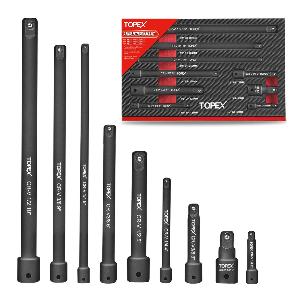 9pc Extension Bar Set – 1/4", 3/8" & 1/2" Socket Drive