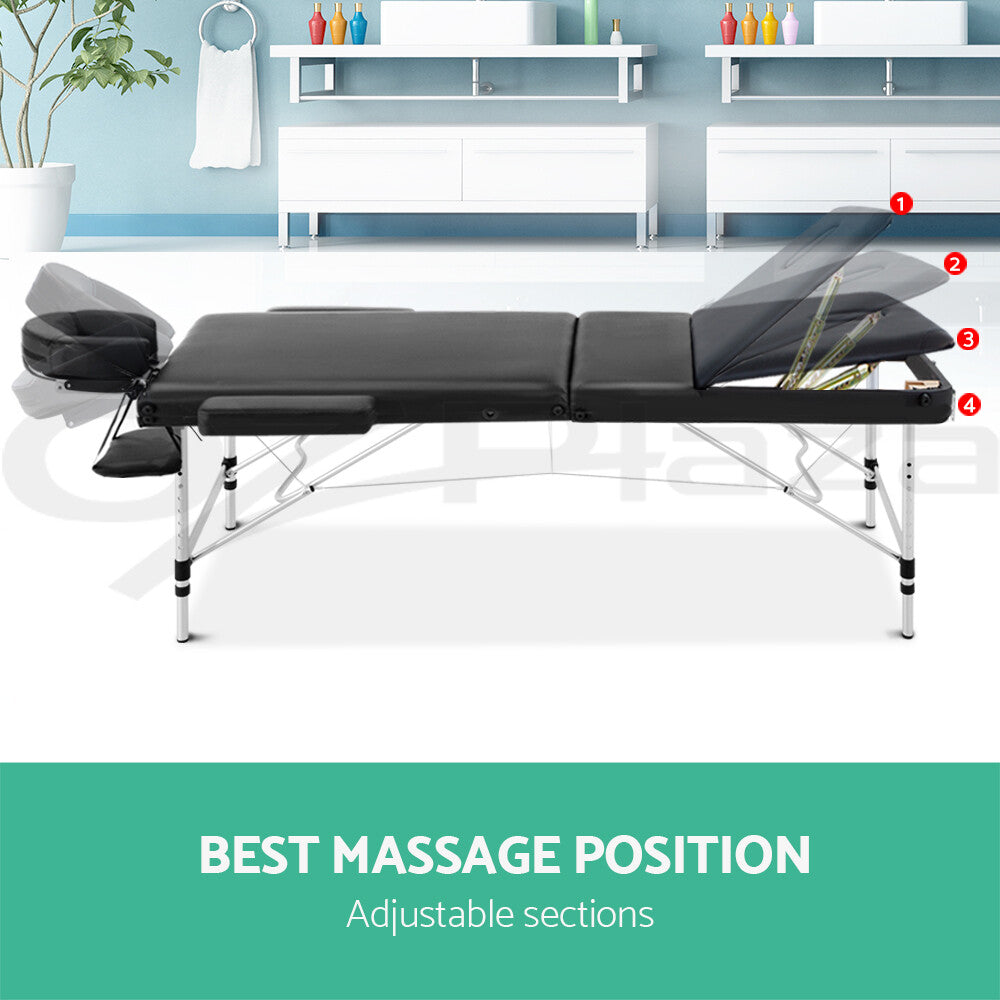 80cm Portable 3 Fold Aluminium Massage Therapy Bed Black