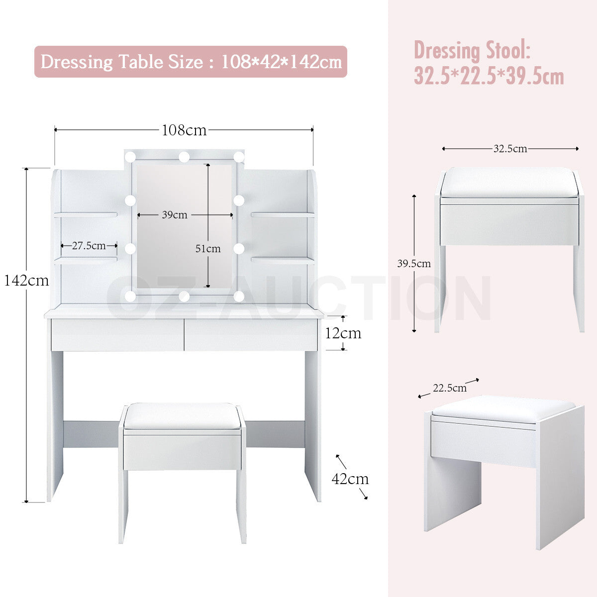 Dressing Table Makeup Mirror with Stool Drawer & Light Bulbs