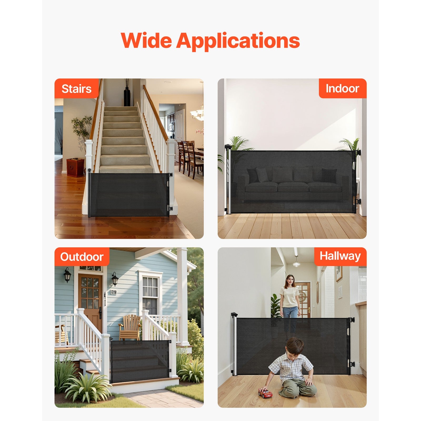 Uimoso Retractable Mesh Gate for Babies and Pets, 1430 mm W, 795 mm Tall, Black