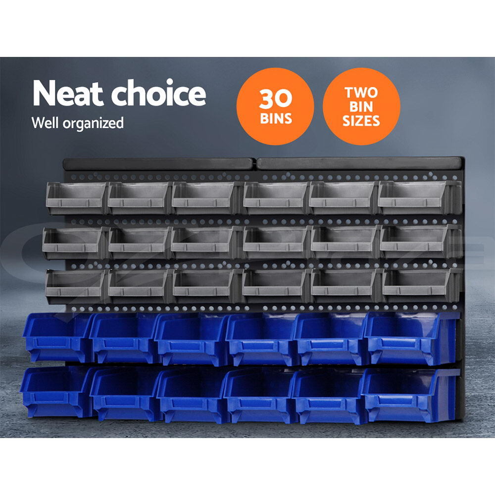 Giantz 30 Storage Bin Rack Wall Mounted Tools Shelves Organiser Workshop Garage
