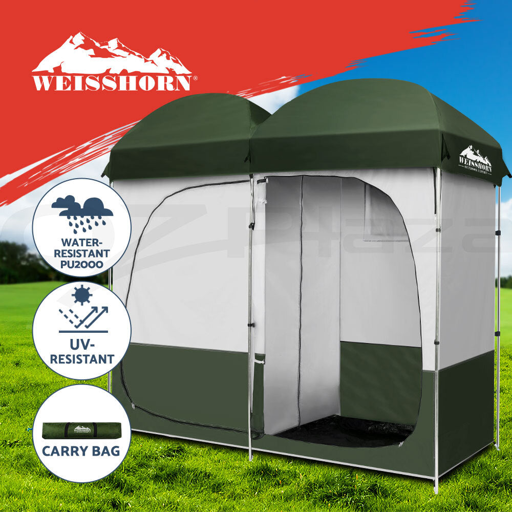 Weisshorn Double Camping Shower Toilet Tent Outdoor Portable Change Room Green