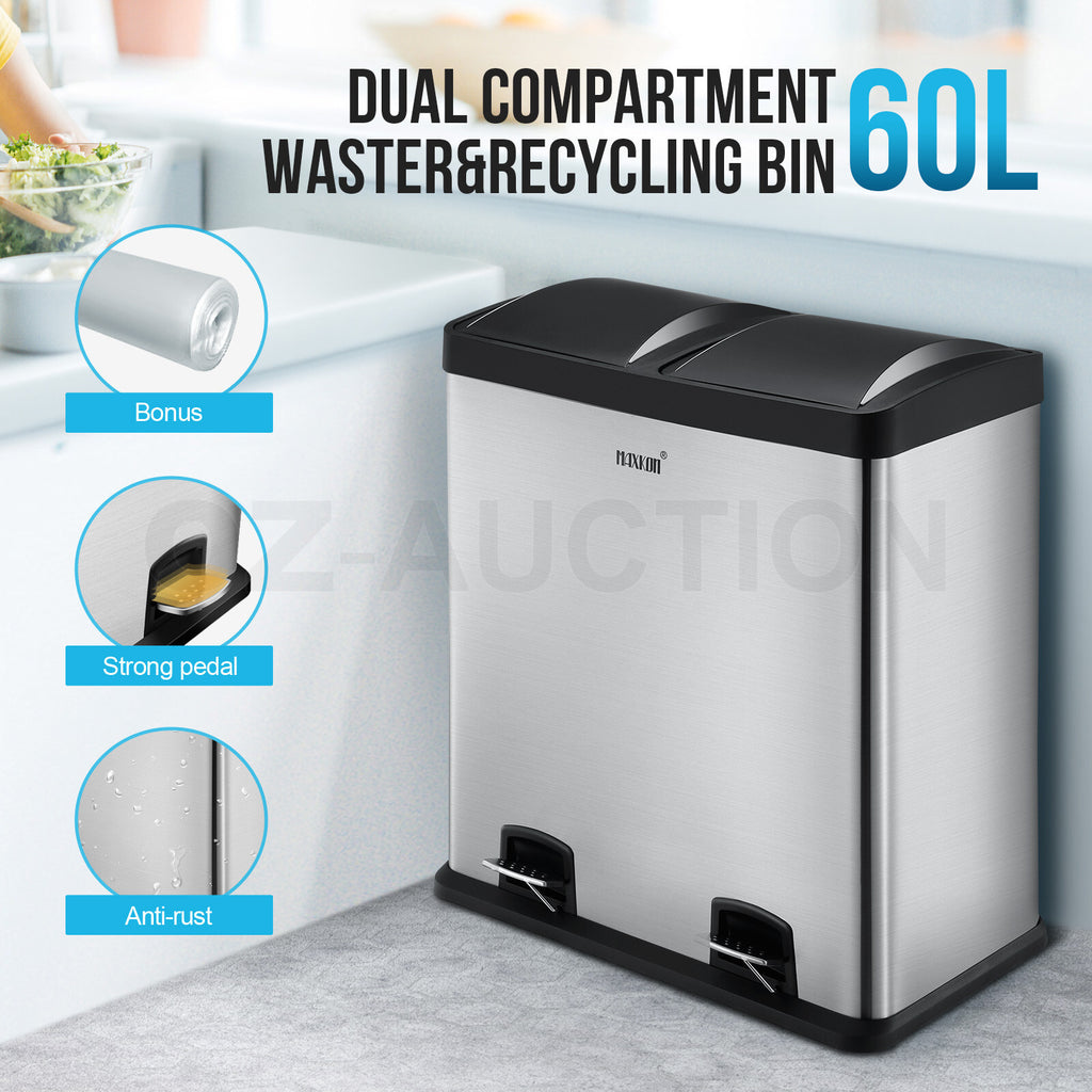 Maxkon 60L Stainless Steel Refuse Bin – Dual Pedal Kitchen Waste