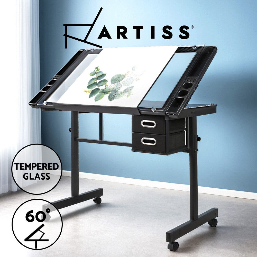 Drawing Desk Drafting Table Adjustable Glass Art Drawers Black