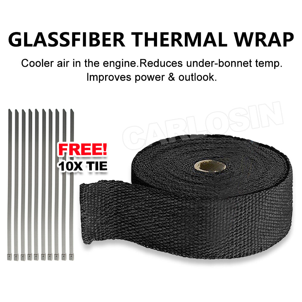Exhaust Wrap Heat Resistant Black 15M x 50mm 2000°F with Steel Ties