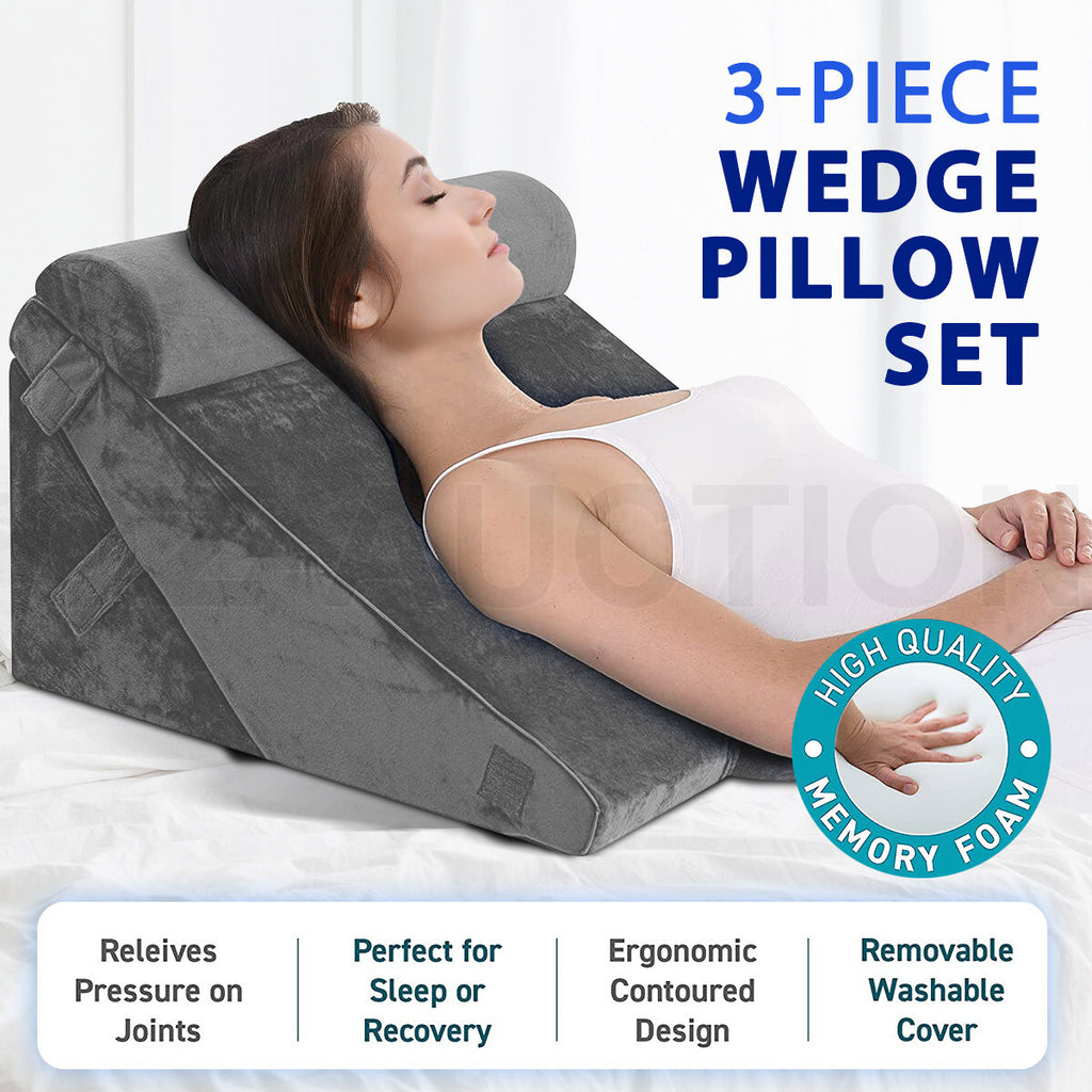 3PCS Wedge Pillow Set – Memory Foam Bed, Neck & Leg Support, Grey
