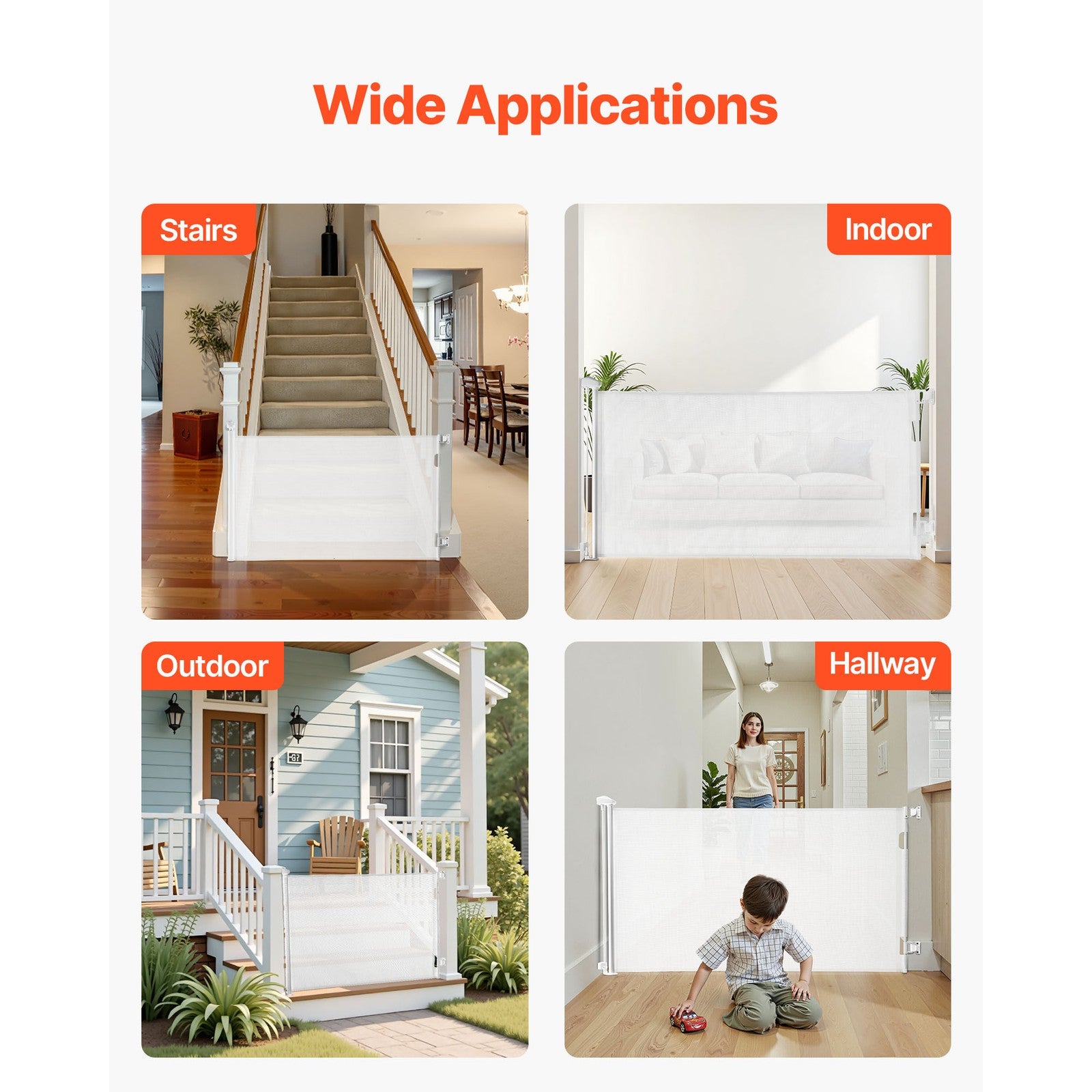 Uimoso Retractable Mesh Gate for Pets and Babies, 1430 mm W, 795 mm Tall, White