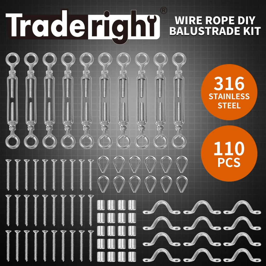 10pc Balustrade Wire Kit – Traderight Stainless Steel Rope & Eye Fork