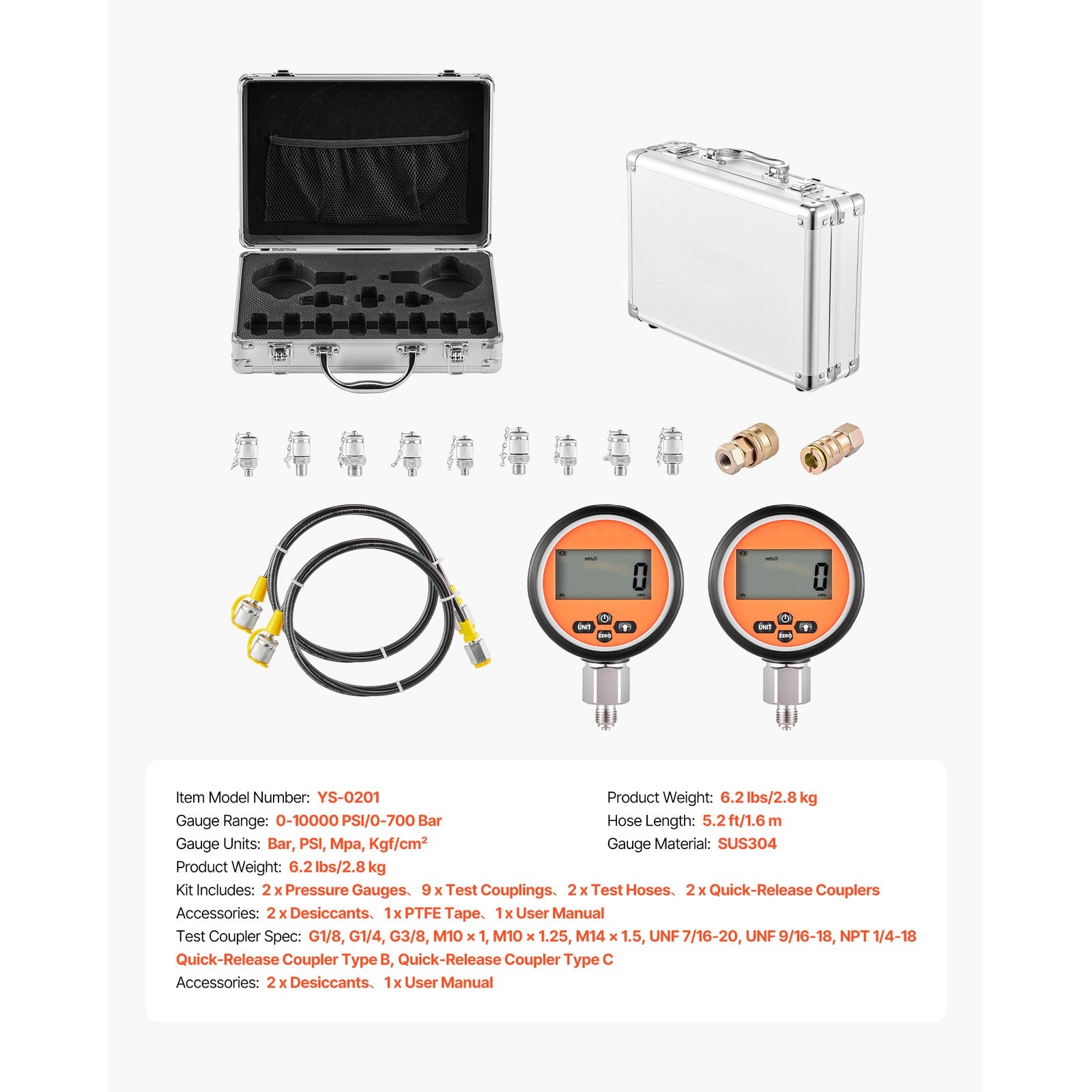Uimoso Digital Hydraulic Pressure Test Kit with 700 Bar, 2 Gauges, 9 Couplings