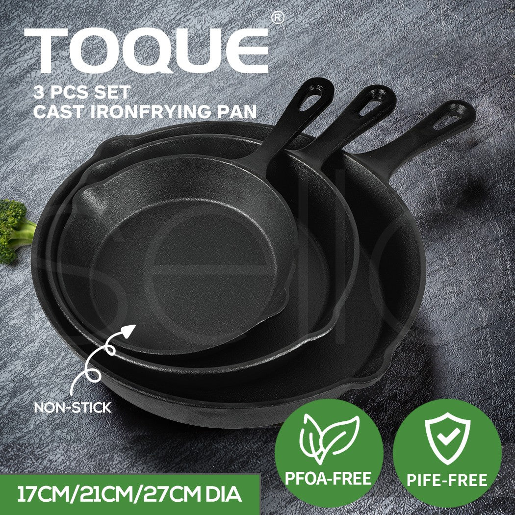 3-Piece Toque Fry Pan Set – Non-Stick Cast Iron Skillet Frypan