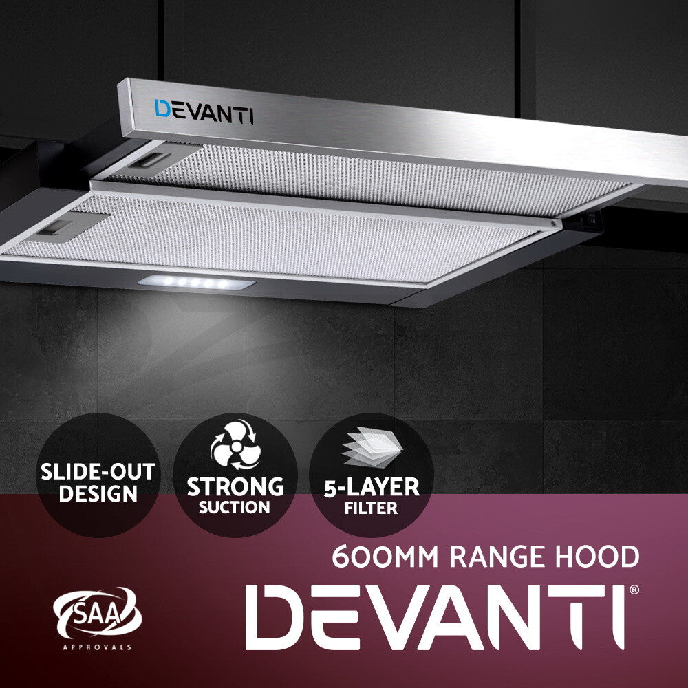 60cm Slide Out Kitchen Rangehood Canopy Stainless Steel