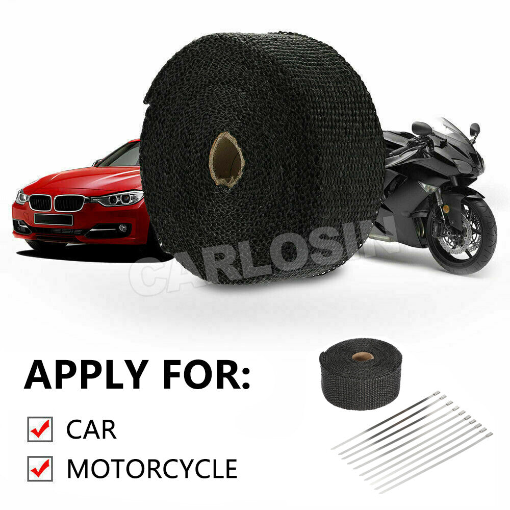 Exhaust Wrap Heat Resistant Black 15M x 50mm 2000°F with Steel Ties