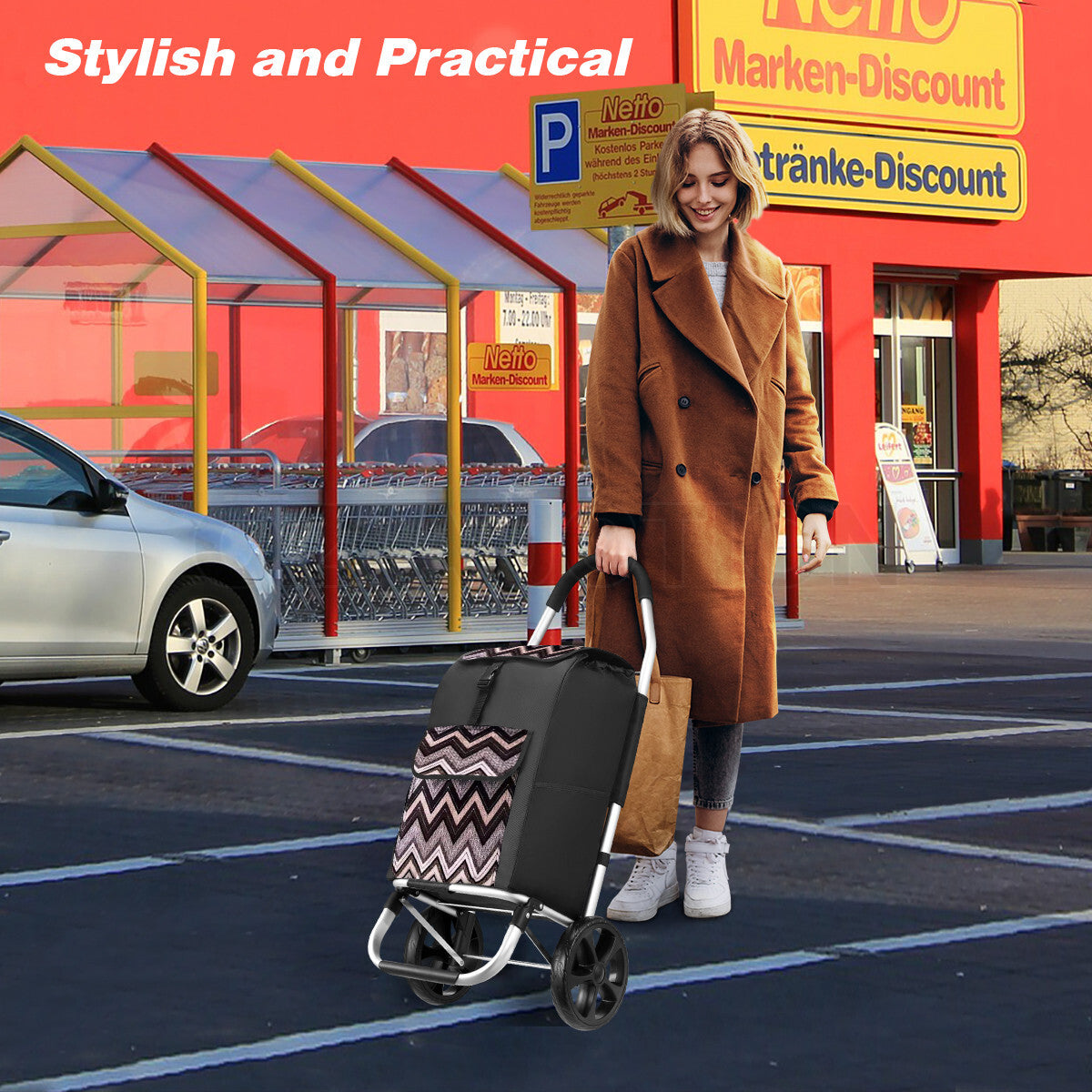 Foldable Aluminium Shopping Trolley – Grocery Cart with Wheels, Black