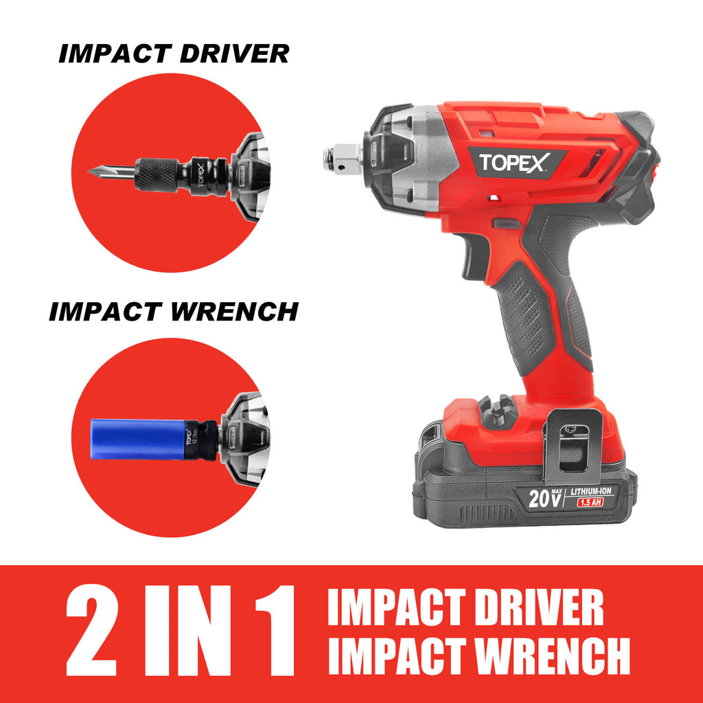 2-in-1 20V Cordless Impact Wrench – Driver with 1/2" Sockets & Battery