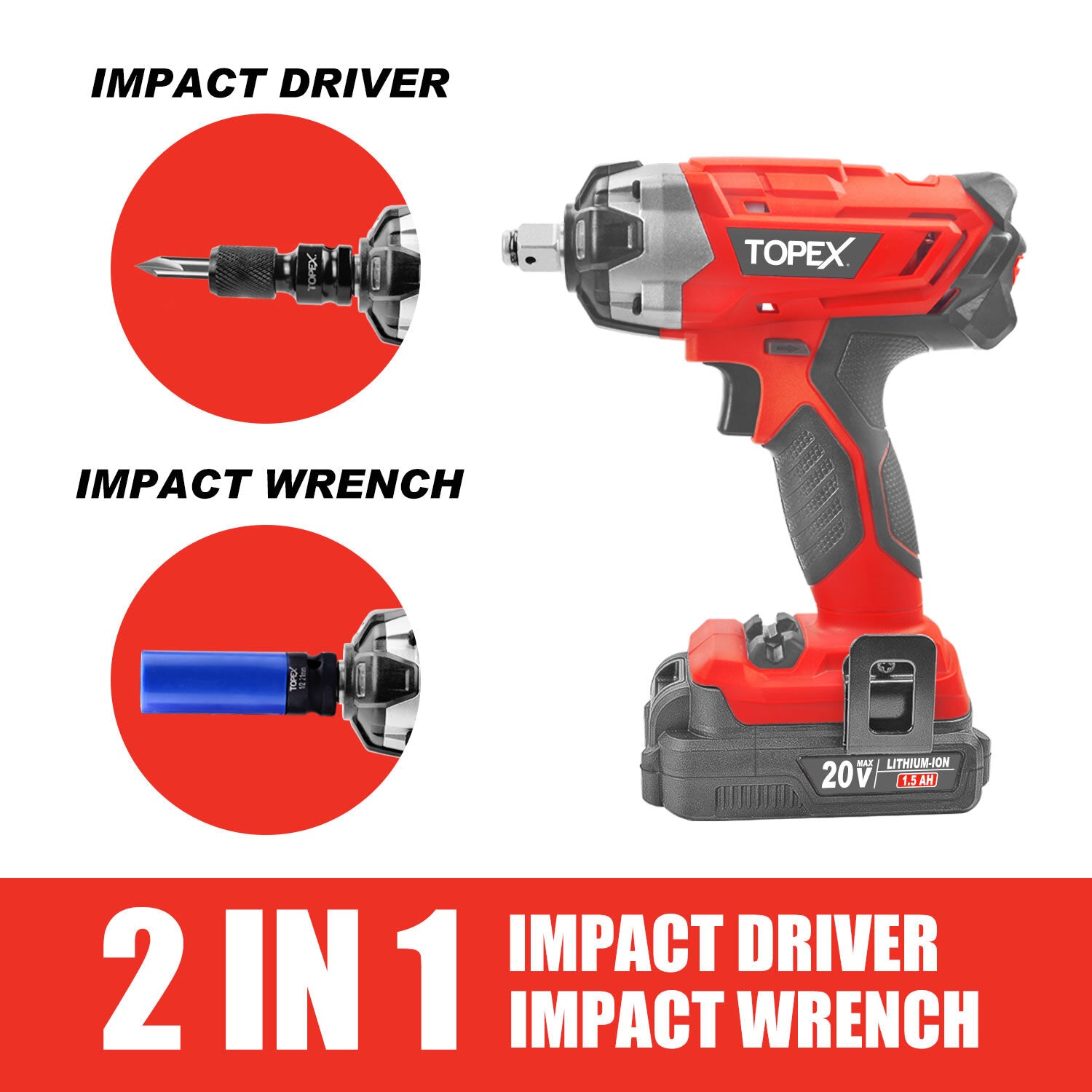 2-in-1 20V Cordless Impact Wrench – Driver with 1/2" Sockets & Battery