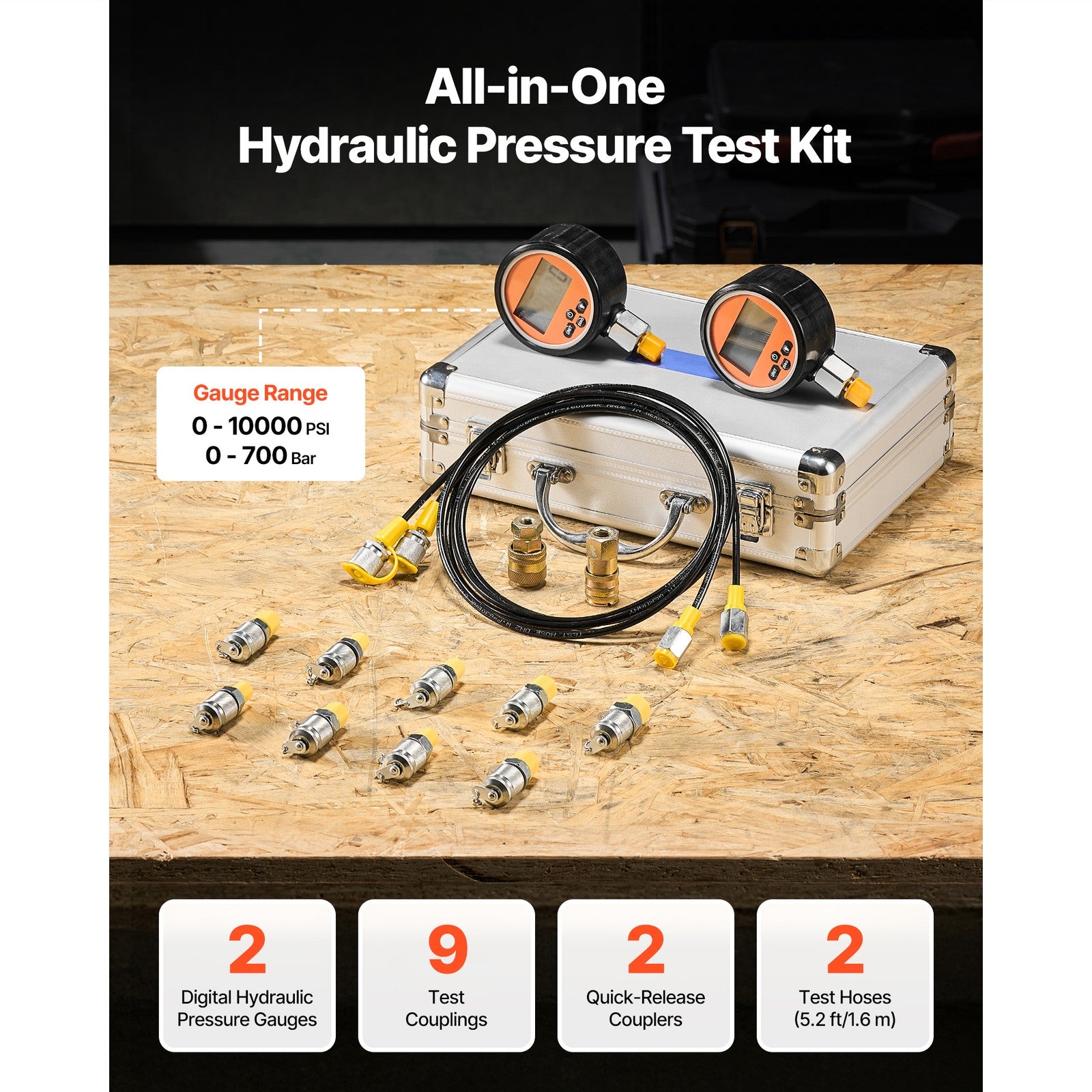 Uimoso Digital Hydraulic Pressure Test Kit with 700 Bar, 2 Gauges, 9 Couplings