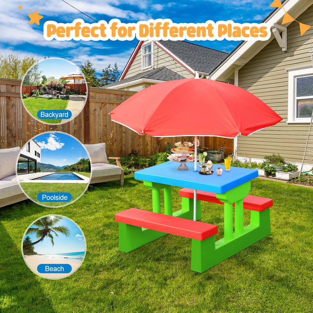 Multi-Color Kids Picnic Table – Outdoor/Indoor Bench & Umbrella Set