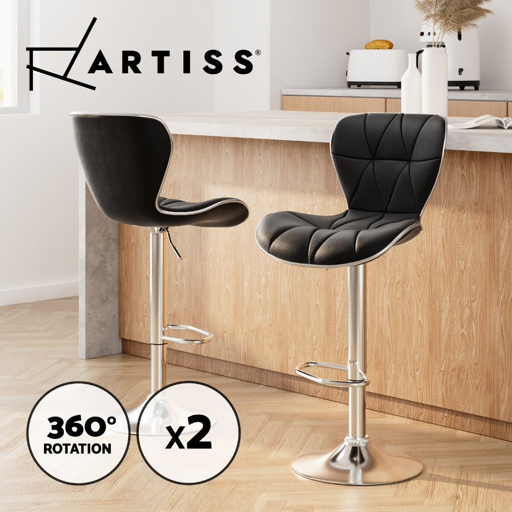 2x Bar Stools Gas Lift Swivel Leather Chairs Black