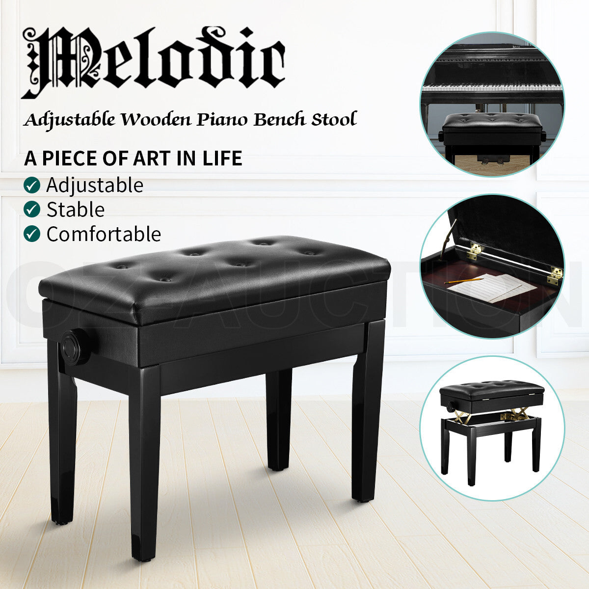 Melodic Adjustable Piano Bench – Wood Keyboard Stool with Storage, Black