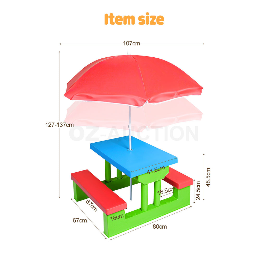 Multi-Color Kids Picnic Table – Outdoor/Indoor Bench & Umbrella Set